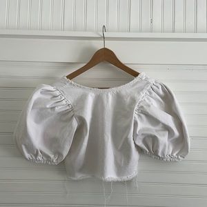 Zara Cropped White Denim Puff Sleeve Shirt